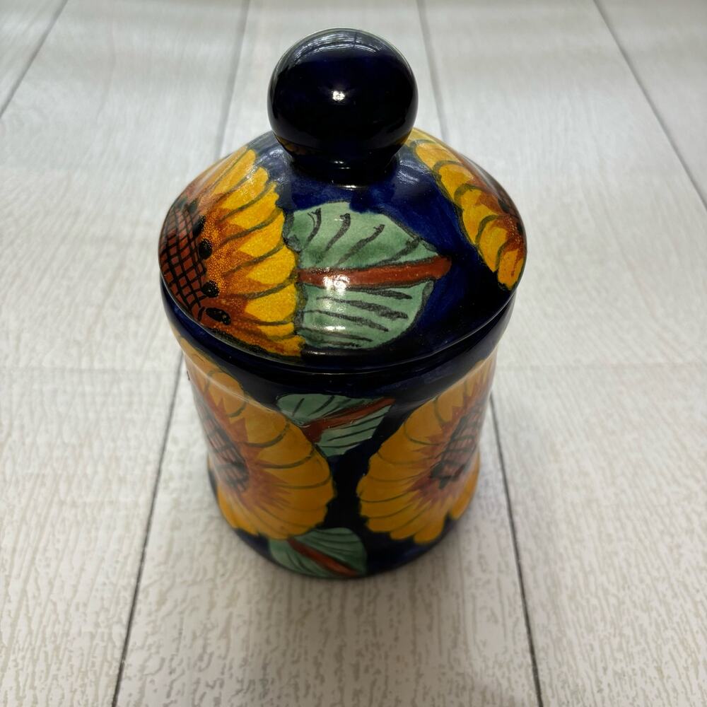 Vintage Sunflower Cobalt Blue Pottery Canister